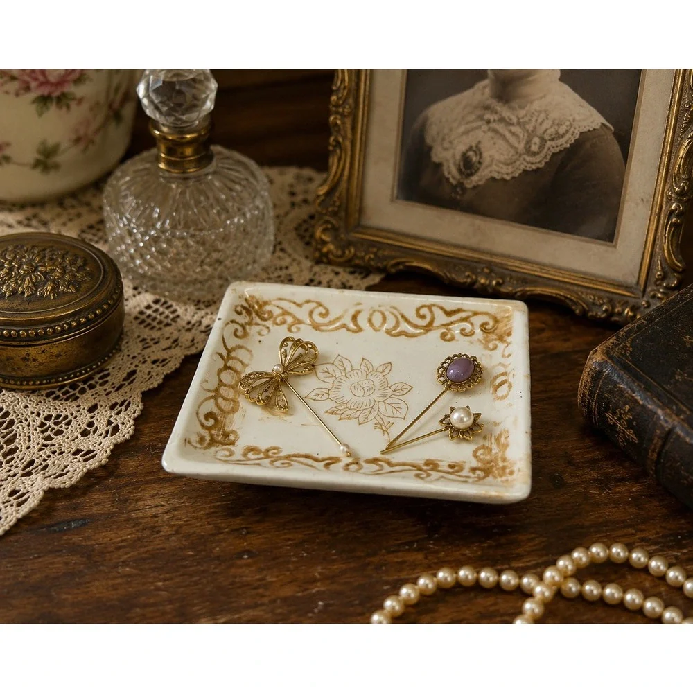 Vintage Made in Japan Ceramic Trinket Dish Brown Rose Floral Jewelry Tray Cream
